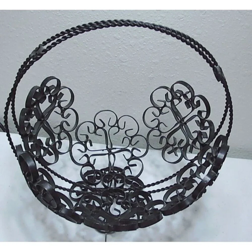 Vintage Spanish Revival Wrought Iron Basket Black Metal Scroll Art Footed